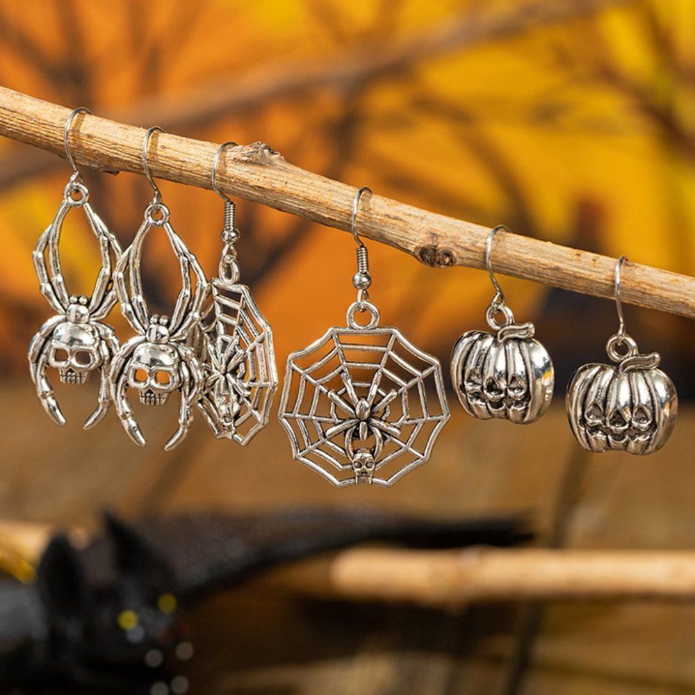 Halloween Earring Set: Skull, Pumpkin, Spider Web